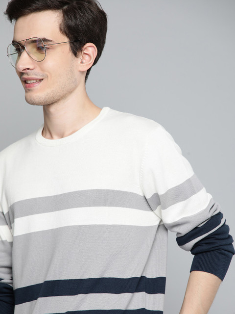 

Mast & Harbour Men White & Grey Colourblocked Pullover