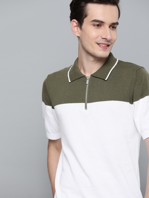 

Mast Harbour Men White Olive Green Colourblocked Tshirts