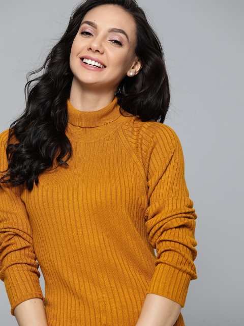 

Mast & Harbour Women Mustard Yellow Self Striped Pullover