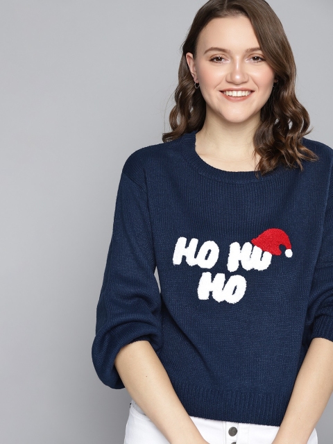 

Mast & Harbour Women Navy Blue & White Typography Pullover with Applique Detail