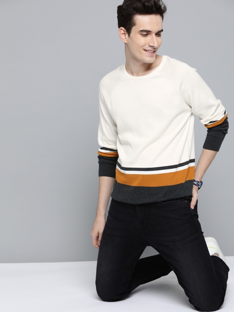 

Mast & Harbour Men White & Charcoal Grey Colourblocked Cotton Pullover