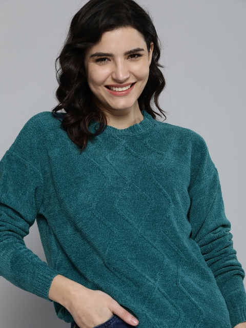 

Mast & Harbour Women Teal Blue Self Design Acrylic Pullover