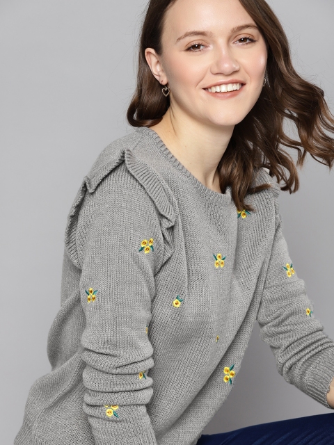 

Mast & Harbour Women Grey & Yellow Floral Embroidered Detail Pullover
