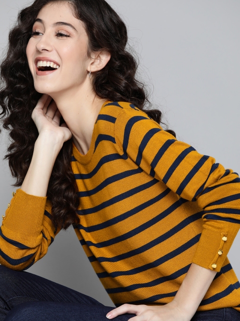 

Mast & Harbour Women Mustard Yellow & Navy Blue Striped Pullover