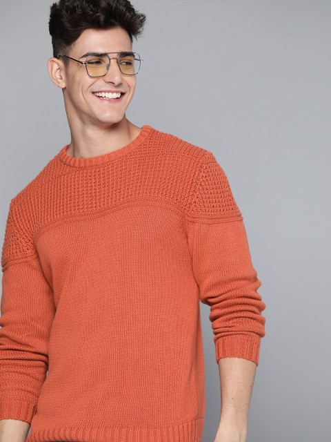 

Mast & Harbour Men Orange Pure Cotton Open Knit Pullover