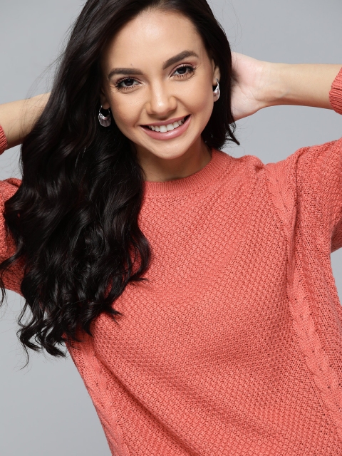 

Mast & Harbour Women Coral Pink Self Designed Pullover Sweater