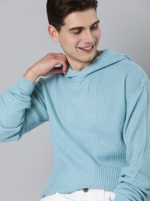 

Mast & Harbour Men Turquoise Blue Self Designed Hooded Pullover