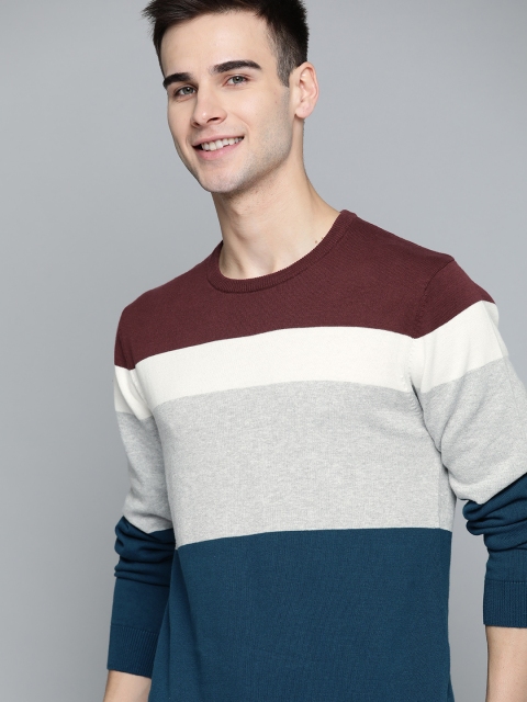 

Mast & Harbour Men Maroon & Grey Striped Pure Cotton Pullover