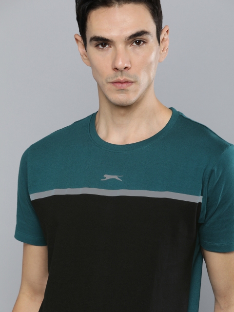 

Slazenger Men Teal Green Black Colourblocked Pure Cotton Bio-Wash T-shirt