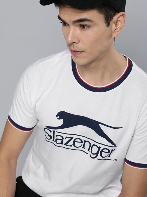 

Slazenger Men White Navy Blue Brand Logo Printed Cotton Pure Cotton Bio-Wash T-shirt