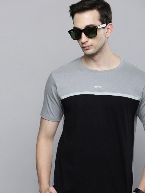 

Slazenger Men Black Grey Colourblocked Pure Cotton Bio-Wash T-shirt