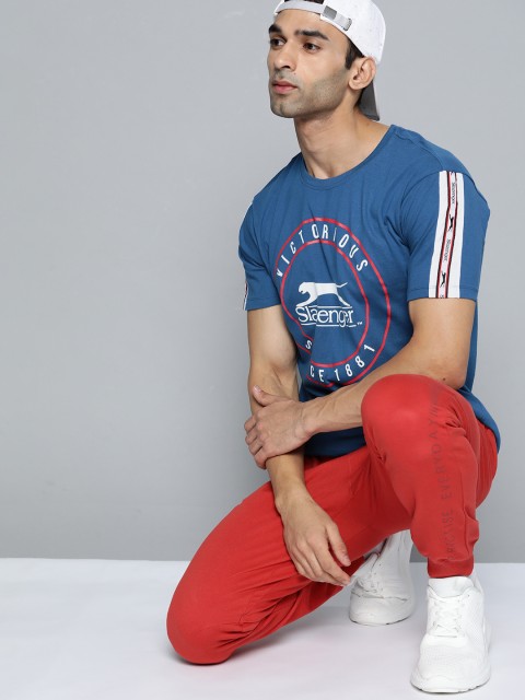 

Slazenger Men Teal Blue White Pure Cotton Brand Logo Print Pure Cotton Bio-Wash T-shirt