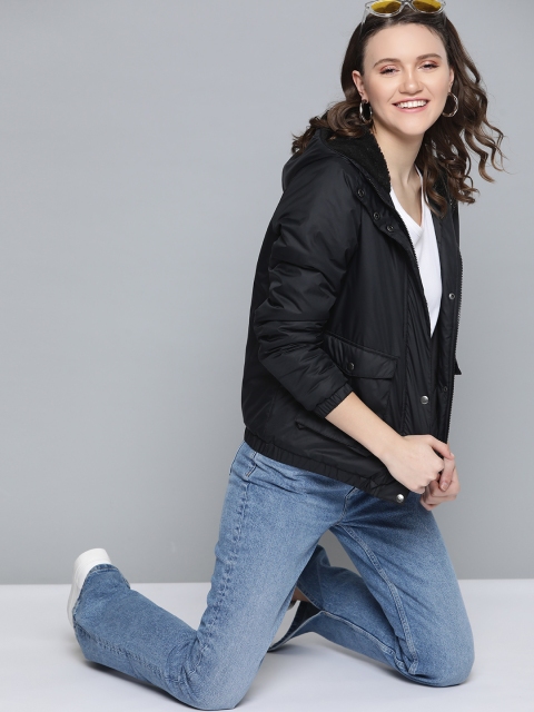 

Mast & Harbour Women Black Solid Hooded Bomber Jacket