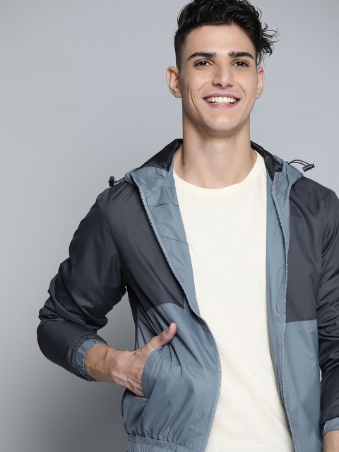 

Mast & Harbour Men Blue Charcoal Colourblocked Bomber Jacket
