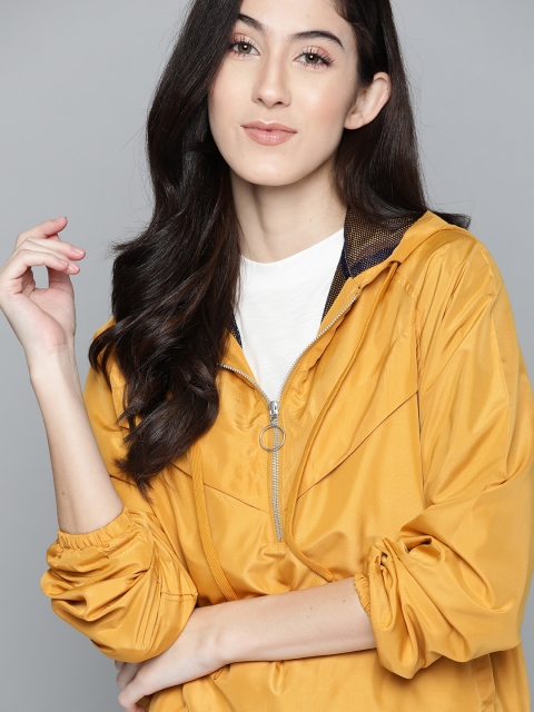 

Mast & Harbour Women Mustard Yellow Solid Hooded Tailored Jacket