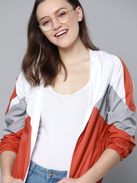 

Mast & Harbour Women Rust Orange & White Colourblocked Hooded Bomber Jacket