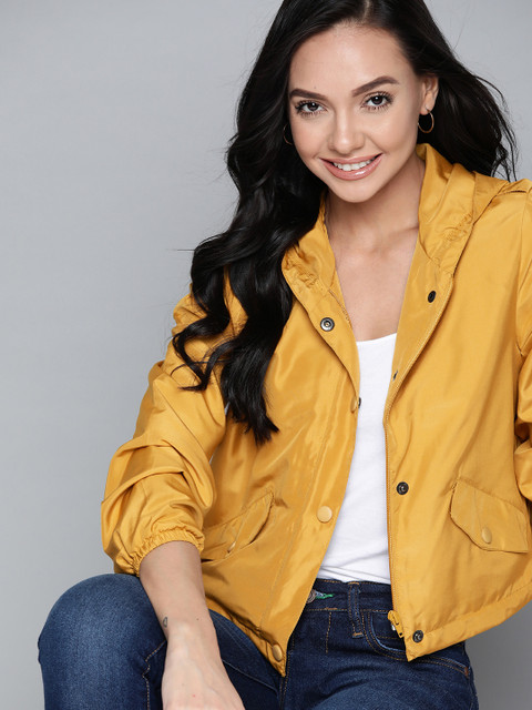 

Mast & Harbour Women Mustard Yellow Solid Hooded Tailored Jacket