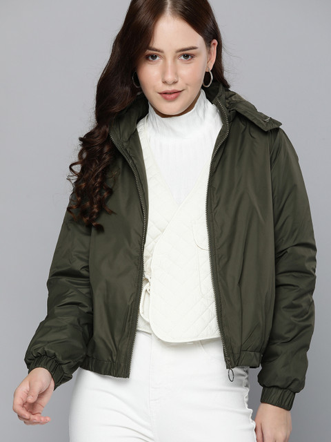 

Mast & Harbour Women Olive Green Solid Padded Jacket