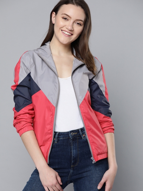 

Mast & Harbour Women Coral Pink & Grey Colourblocked Hooded Bomber Jacket