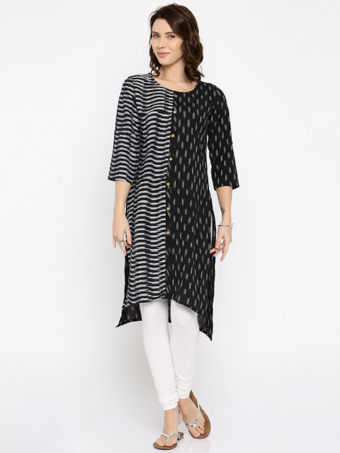 

Anouk Women Black & White Ikat Woven Design Straight Kurta