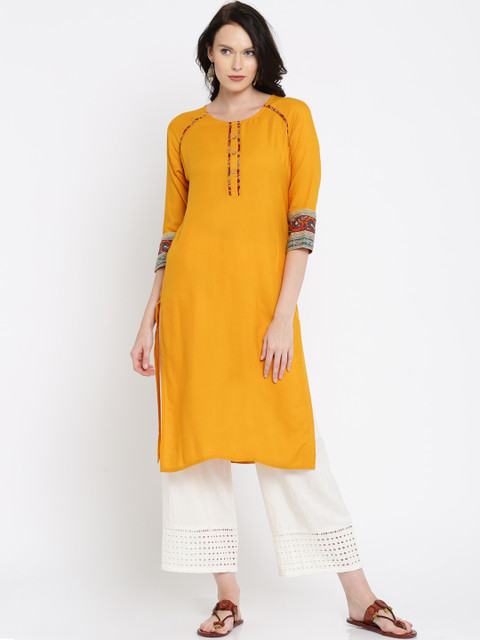 

Anouk Women Mustard Yellow Solid Straight Kurta