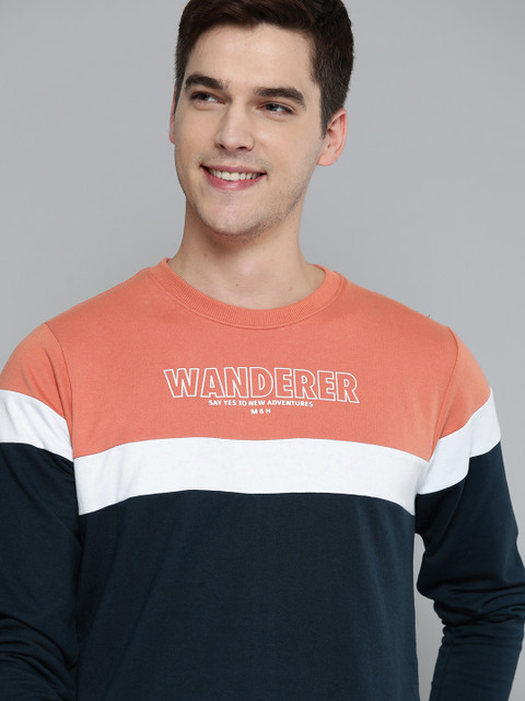 

Mast & Harbour Men Navy Blue & Peah-Coloured Printed Sweatshirt
