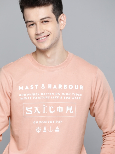 

Mast & Harbour Men Peach-Coloured & White Printed Sweatshirt