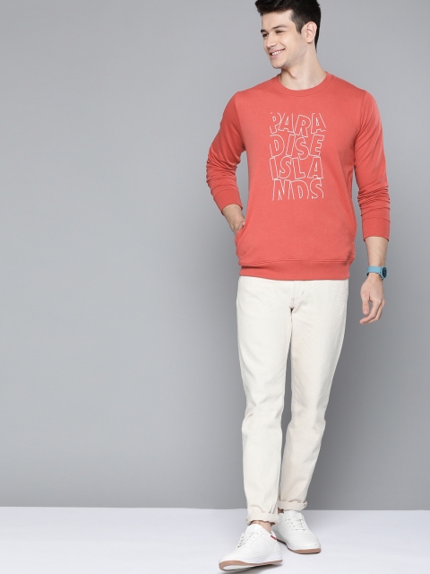 

Mast & Harbour Men Coral Pink & White Printed Sweatshirt