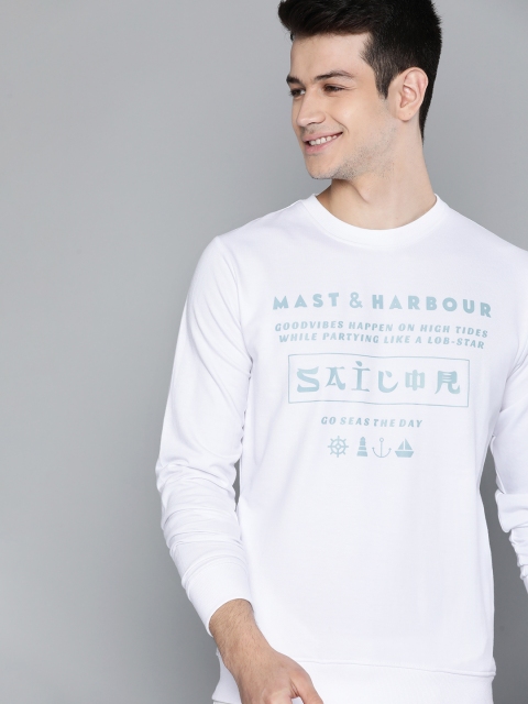 

Mast & Harbour Men White & Blue Printed Sweatshirt