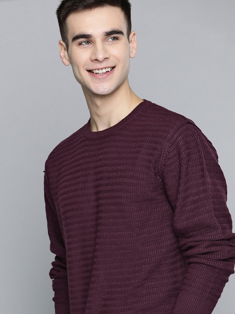 

Mast & Harbour Men Burgundy Striped Pullover