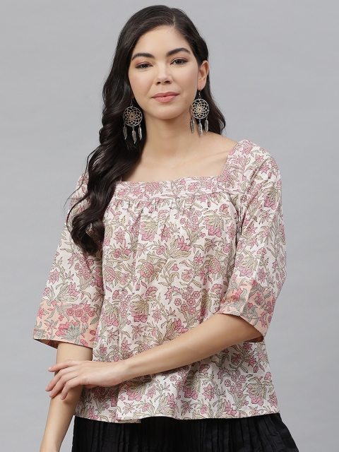 

Fabindia Off White & Pink Ethnic Print Pure Cotton Top