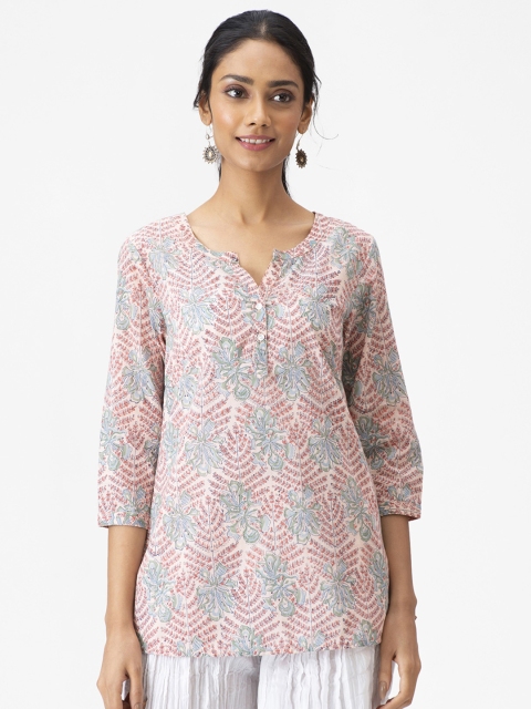 

Fabindia Pink & Green Ethnic Motifs Hand Block Print Pure Cotton Kurti