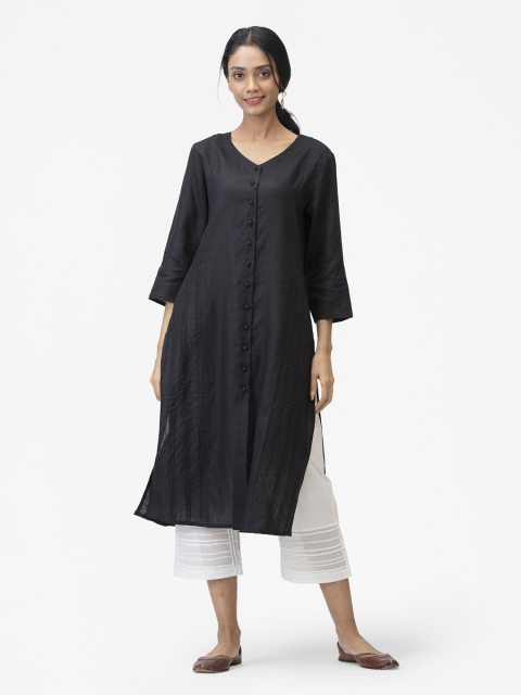 

Fabindia Women Solid Black Pure Linen Pintuck Pleated Straight Kurta