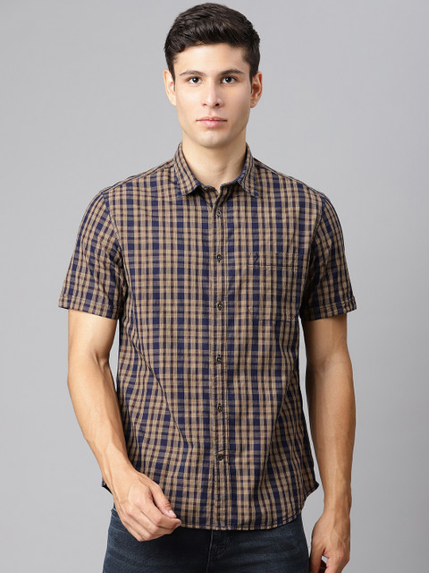 

Indian Terrain Men Beige & Navy Blue Slim Fit Tartan Checked Cotton Casual Shirt