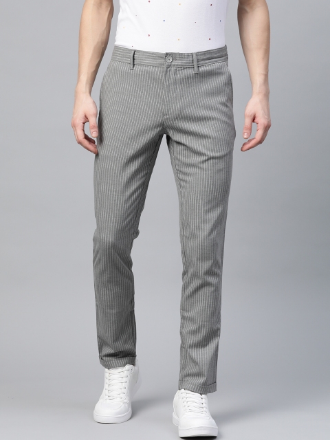 

Indian Terrain Men Grey & White Striped Slim Fit Regular Trousers