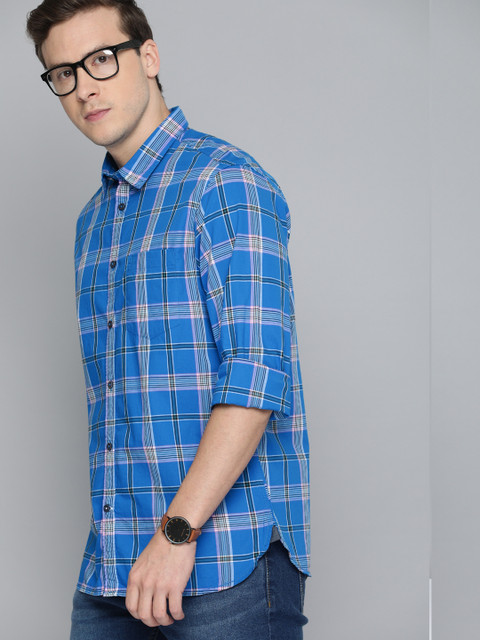 

Indian Terrain Men Blue & Pink Slim Fit Checked Pure Cotton Casual Shirt