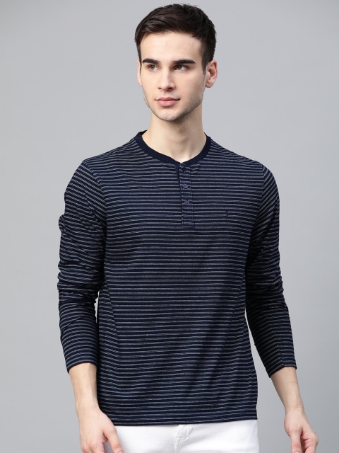 

Indian Terrain Men Navy Blue White Striped Pure Cotton Henley Neck Pure Cotton T-shirt