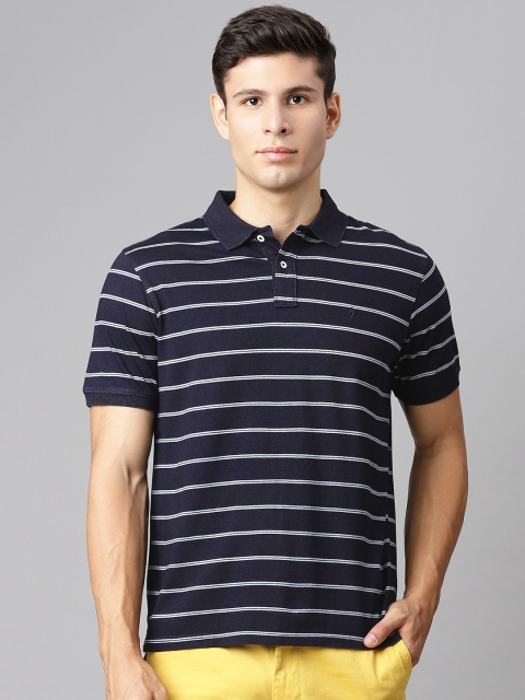 

Indian Terrain Men Navy Blue & White Pure Cotton Striped Polo Collar T-shirt