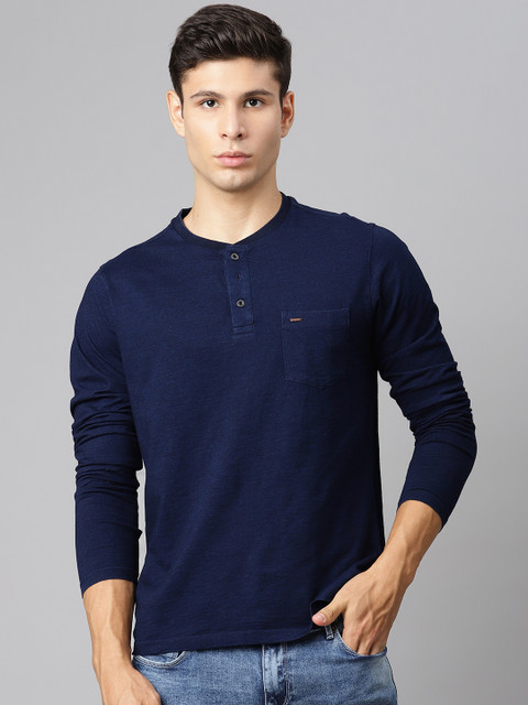 

Indian Terrain Men Navy Blue Solid Pure Cotton Chest Pocket Henley Neck T-shirt