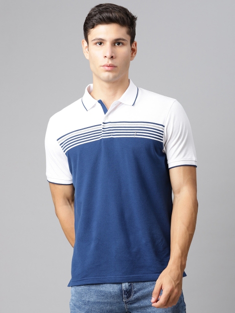 

Indian Terrain Men Navy Blue & White Pure Cotton Striped Polo Collar T-shirt