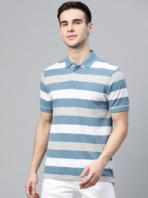 

Indian Terrain Men Blue & White Striped Pure Cotton Polo Collar T-Shirt