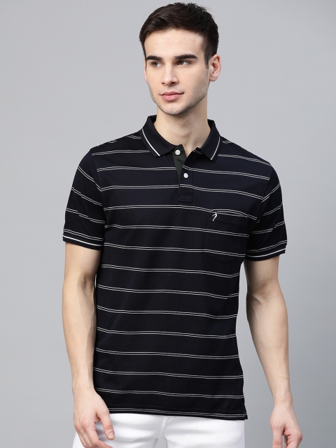 

Indian Terrain Men Black White Striped Polo Collar Pure Cotton T-shirt