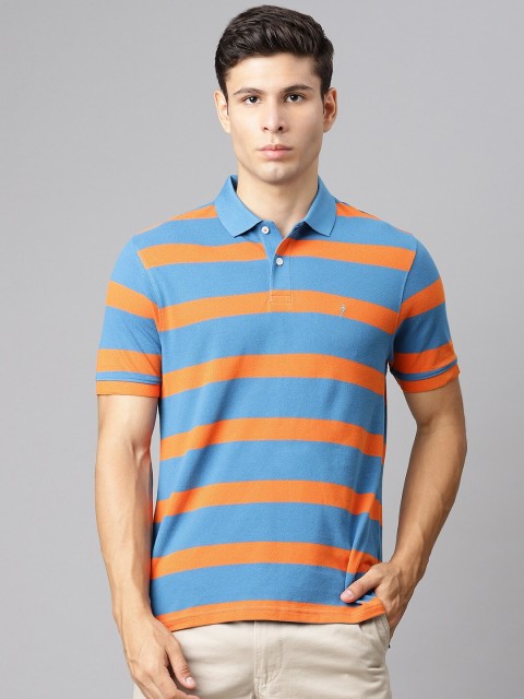 

Indian Terrain Men Blue & Orange Pure Cotton Striped Polo Collar T-shirt