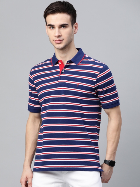 

Indian Terrain Men Navy Blue Red Striped Polo Collar Pure Cotton T-shirt