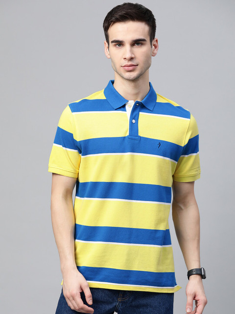 

Indian Terrain Men Yellow Blue Striped Polo Collar Pure Cotton T-shirt