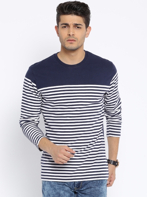 

Highlander Navy White Striped Pure Cotton T-shirt, Navy blue