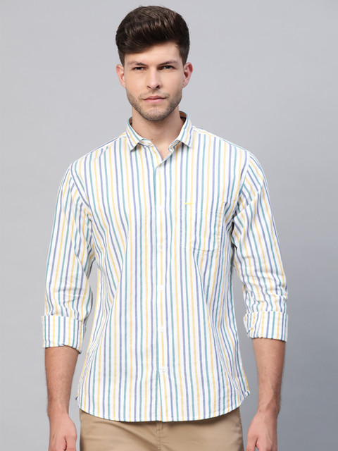 

Park Avenue Men White & Yellow Pure Cotton Slim Fit Striped Casual Shirt