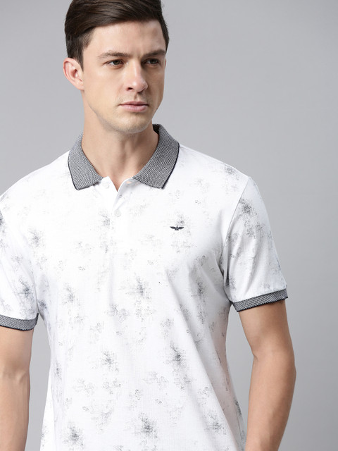 

Park Avenue Men White Grey Printed Contrast Polo Collar Slim Fit Pure Cotton T-shirt