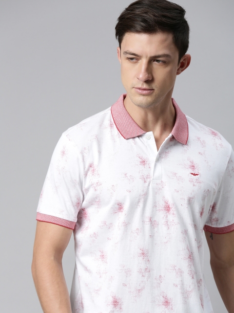 

Park Avenue Men White Pink Printed Contrast Polo Collar Slim Fit Pure Cotton T-shirt