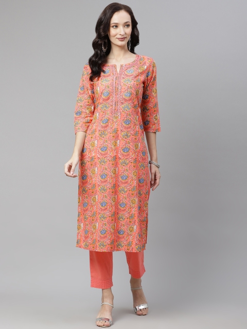 

PIROH Women Peach-Coloured & Blue Ethnic Motifs Thread Work Cotton Kurta with Trousers